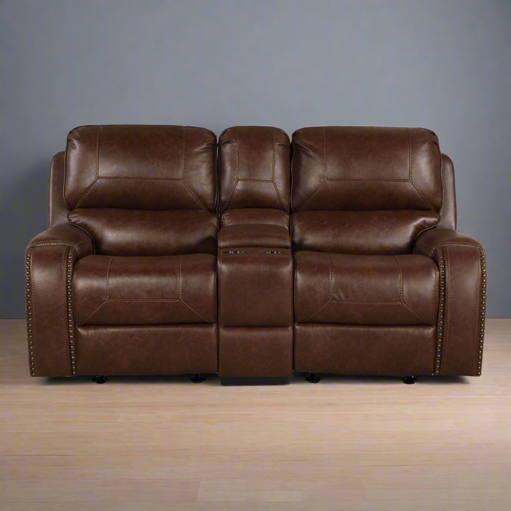 Achern Leather-Air Nailhead Manual Reclining 3pcs Sofa Set-Brown