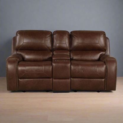 Achern Leather-Air Nailhead Manual Reclining 3pcs Sofa Set-Brown