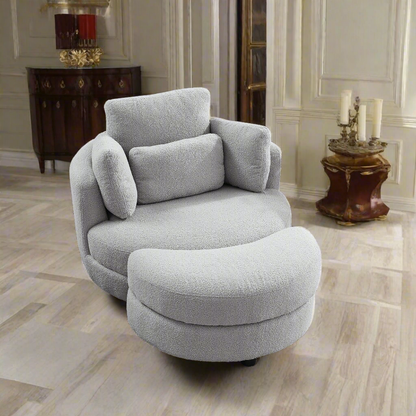 Modern Round Oversized Accent Loveseat 39"W Swivel Barrel Chair w/moon storage ottoman, 4 Pillows, Teddy Fabric-Gray Teddy