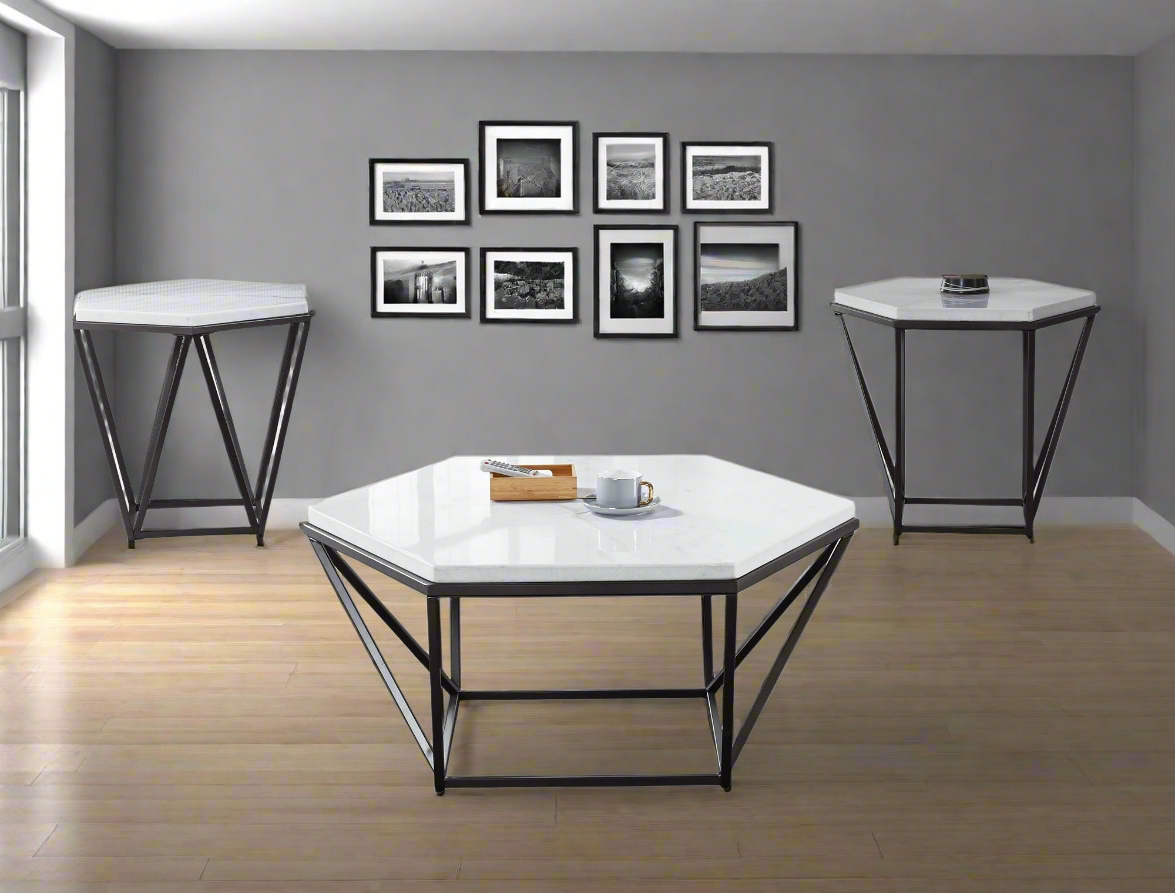Corvus-3Pcs Table Set - White Marble Hexagon