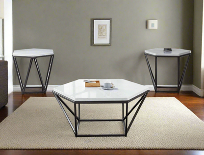 Corvus-3Pcs Table Set - White Marble Hexagon