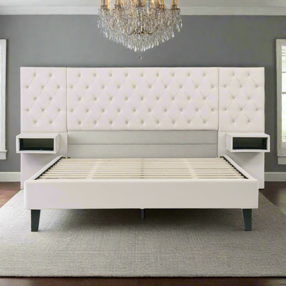 Modern Velvet Upholstered Platform Bed w/2 Nightstands, Queen Size w/Headboard, w/diamond tufted-Beige