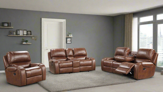 Achern Leather-Air Nailhead Manual Reclining 3pcs Sofa Set-Brown