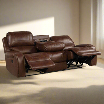 Achern Leather-Air Nailhead Manual Reclining 3pcs Sofa Set-Brown