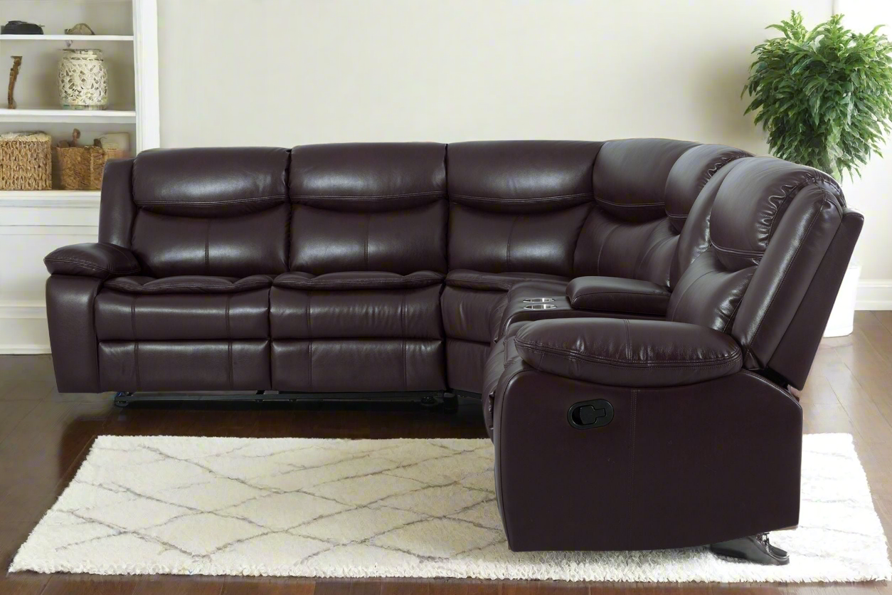 Modern L Shape Breath Leather Manual Reclining Sectional Sofa Set-Brown or Cream