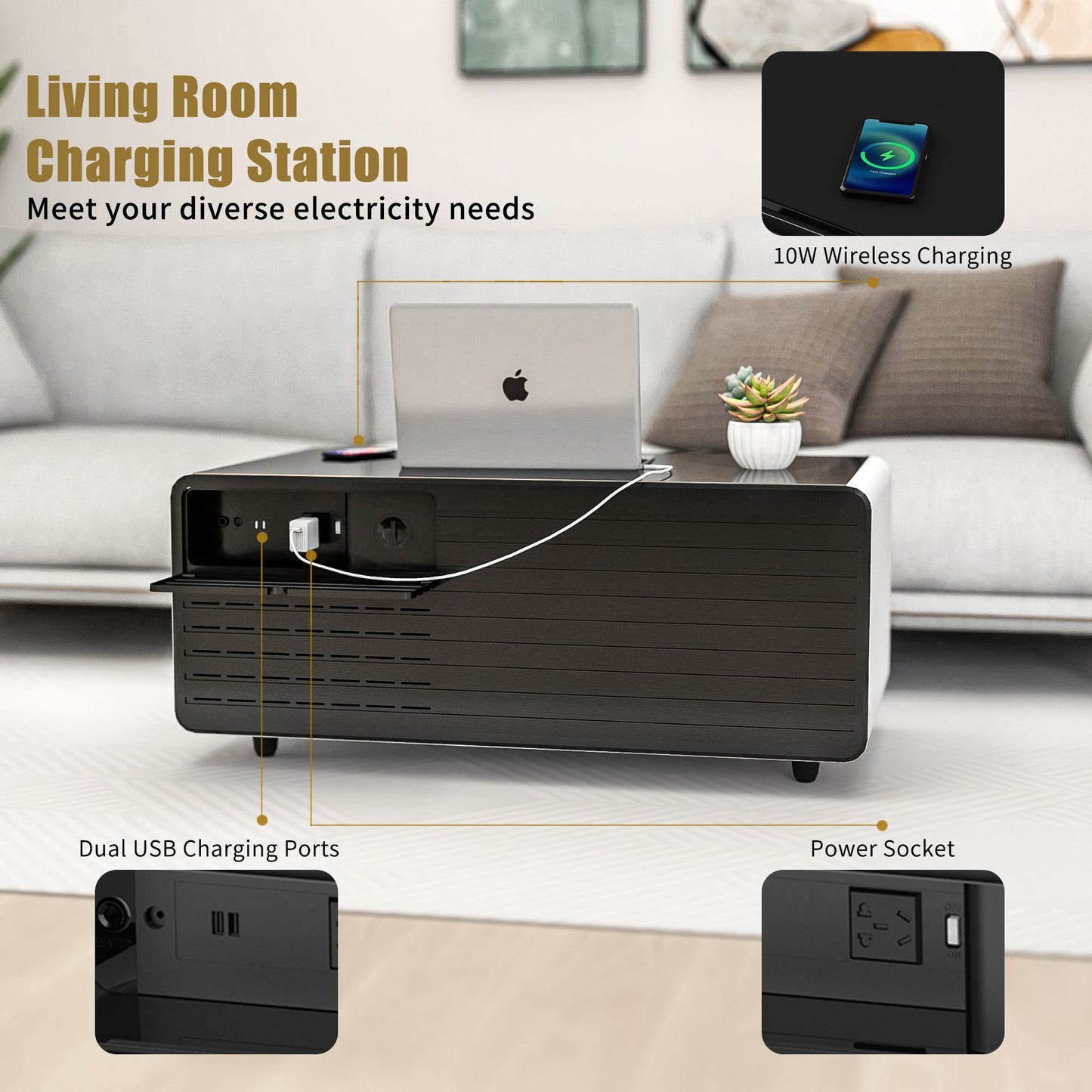 Modern Smart Mini Coffee Table with Built in Fridge-Black or White