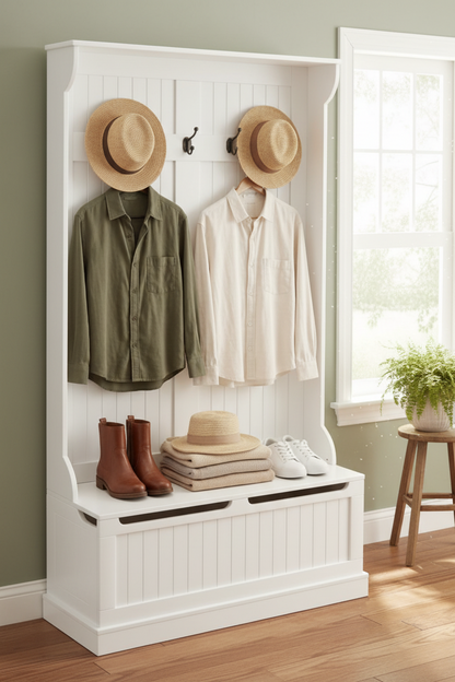 3-In-1 Entryway Hall Tree, Coat Rack w/5 Hooks, Bench and Shoe Storage for Hallway-Cream White