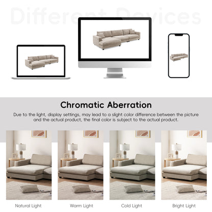 Oversized Corduroy Sectional Sofa, L Shaped Cloud Couch w/USB Charging Port, Cup Holder, Deep Seat Sofa Bed w/50" Chaise-Beige, Gray or Khaki