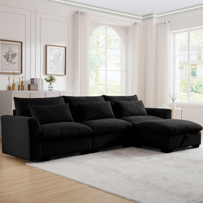L-Shaped Corduroy Sectional Sofa Couch w/Storage Footstool and 3 Pillow-Black or Beige