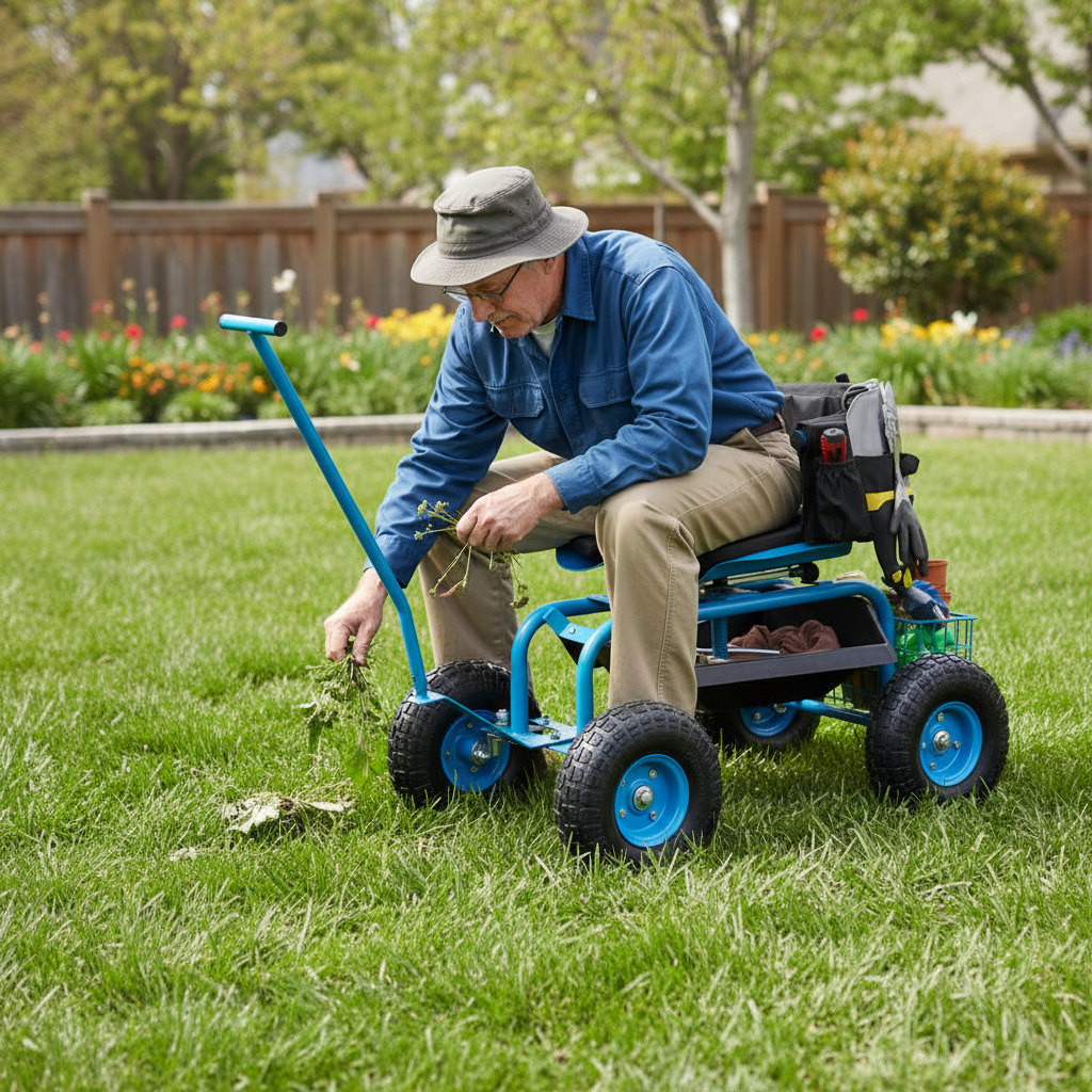 360° Swivel Padded Seat & Adjustable Height, Rolling Garden Pull Cart w/Storage Basket for Easy Gardening-Blue or Red