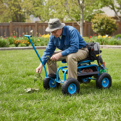 360° Swivel Padded Seat & Adjustable Height, Rolling Garden Pull Cart w/Storage Basket for Easy Gardening-Blue or Red