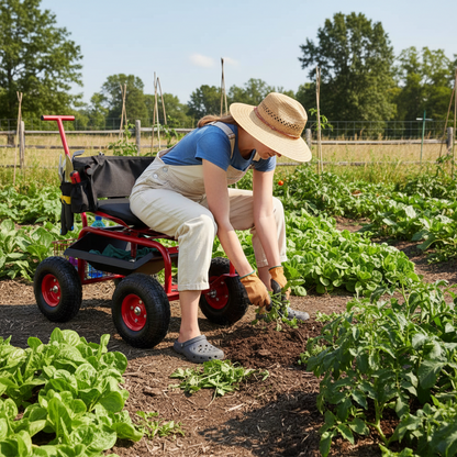 360° Swivel Padded Seat & Adjustable Height, Rolling Garden Pull Cart w/Storage Basket for Easy Gardening-Blue or Red