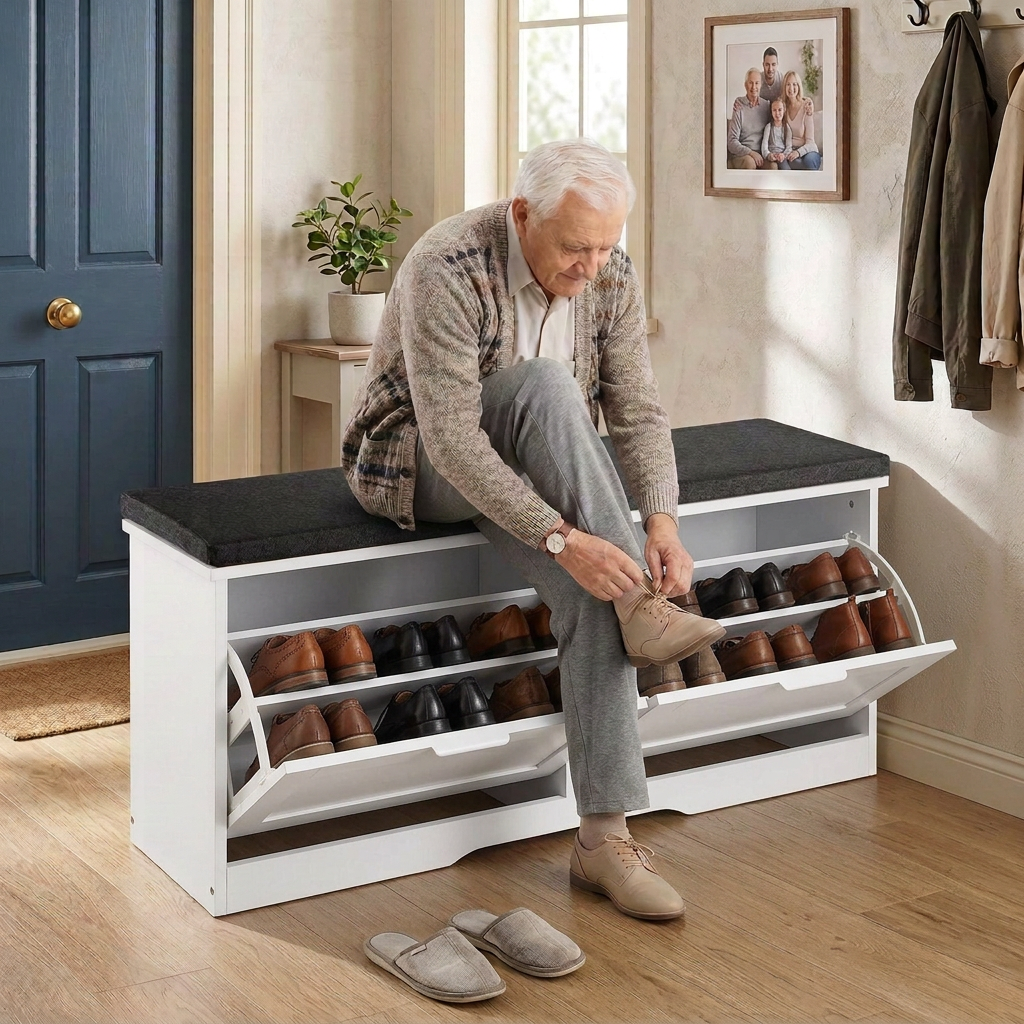 Stylish Entryway Shoe Storage Bench w/Cushioned Seat & Flip Drawers for Hallway Organization-White