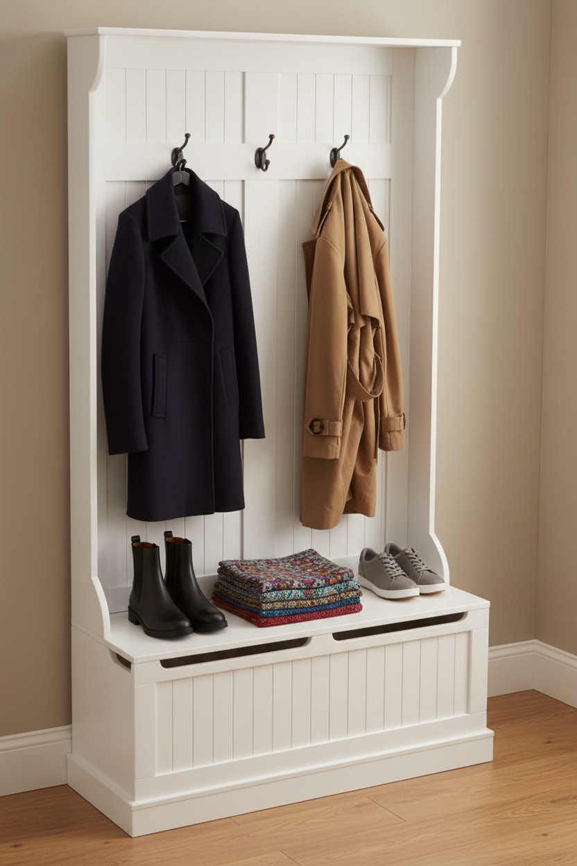 3-In-1 Entryway Hall Tree, Coat Rack w/5 Hooks, Bench and Shoe Storage for Hallway-Cream White
