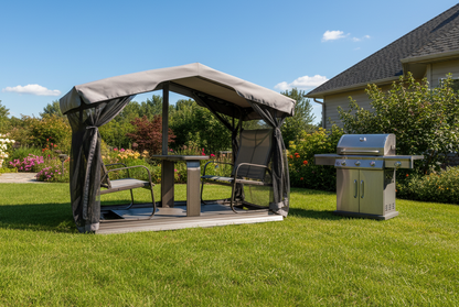 Outdoor 4-Seater Glider Benches w/Canopy, Retro Metal Glider Chair w/Aluminum Frame, Patio Swing Chair for Outside, Garden, Lawn-Gray&Brown