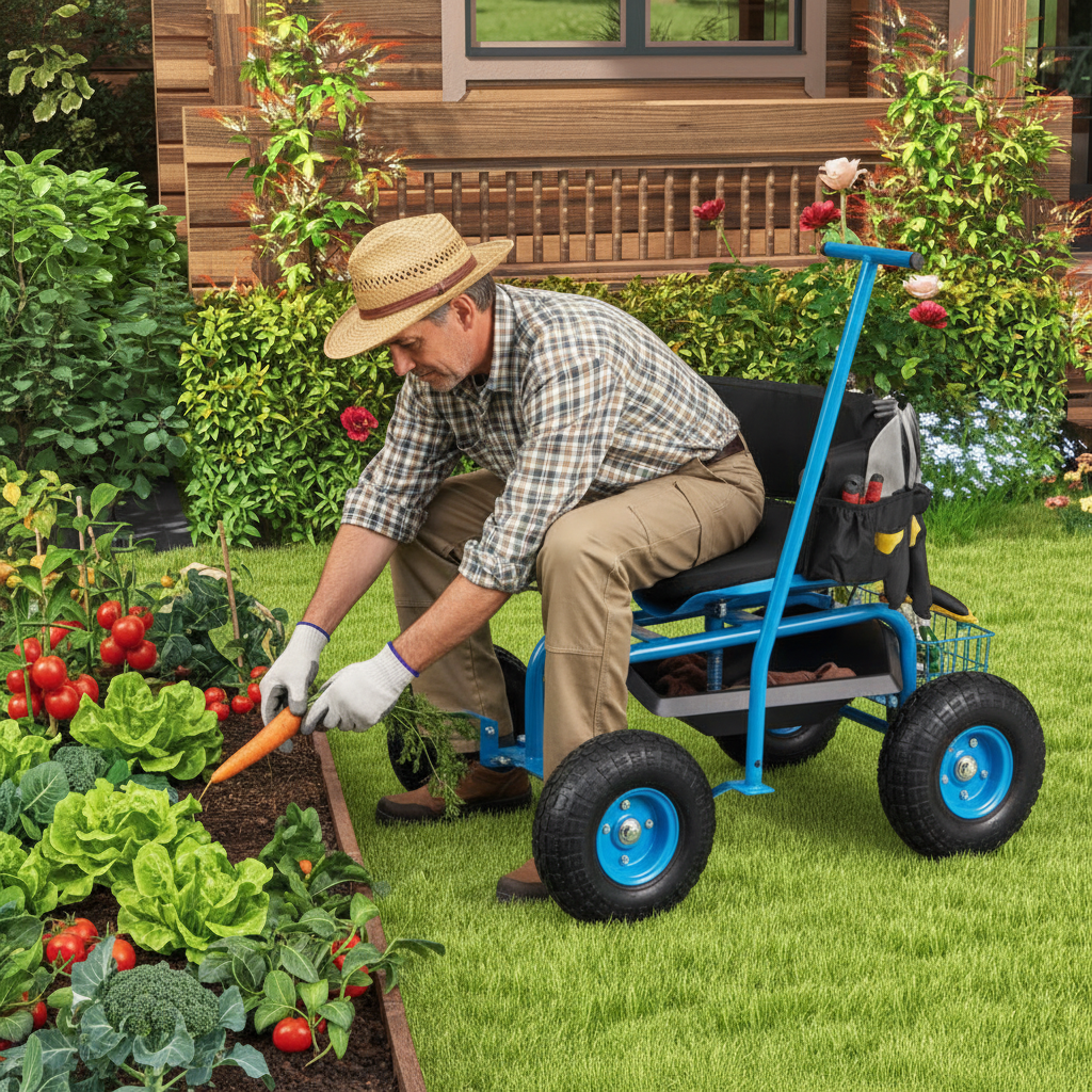 360° Swivel Padded Seat & Adjustable Height, Rolling Garden Pull Cart w/Storage Basket for Easy Gardening-Blue or Red