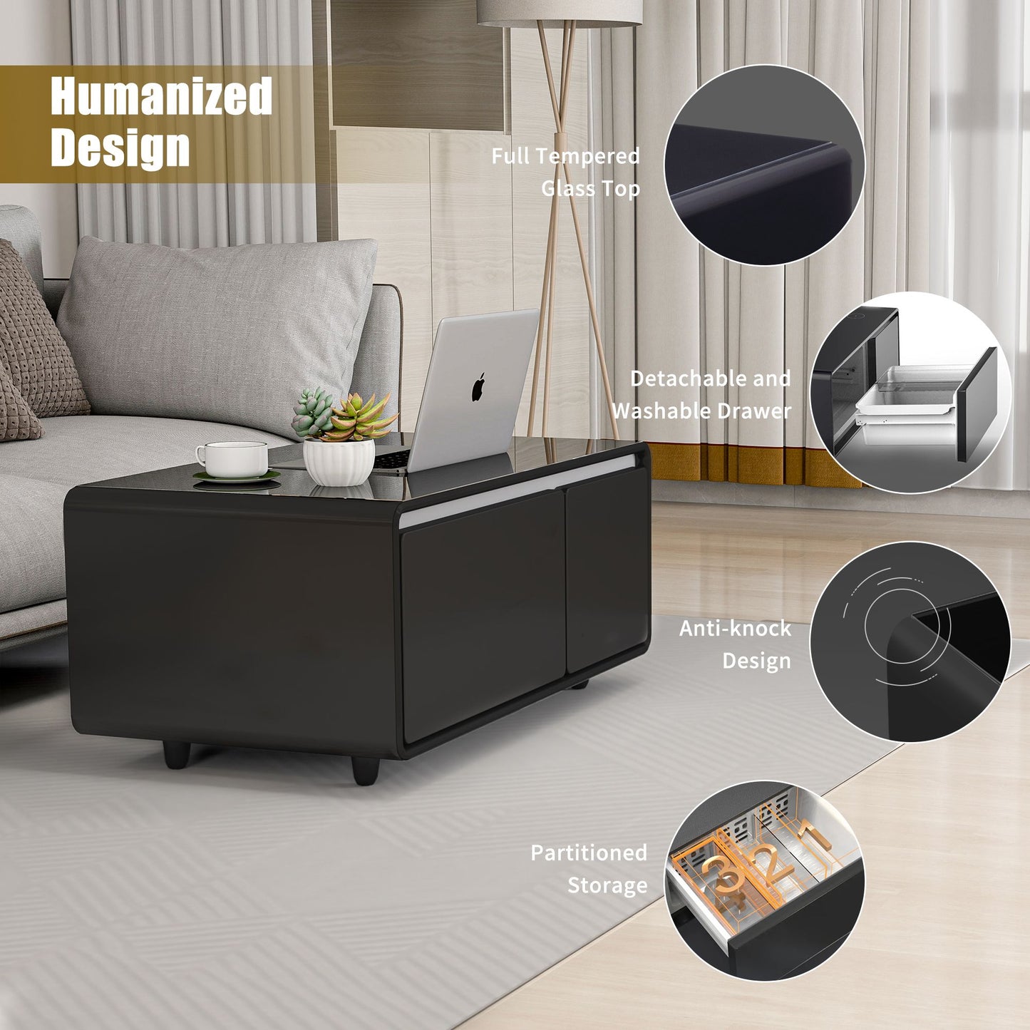 Modern Smart Mini Coffee Table with Built in Fridge-Black or White