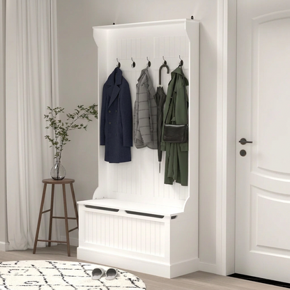 3 in 1 Entryway Hall Tree Organizer Bench w/Standing Coat Rack, Shoe Storage Bench-White