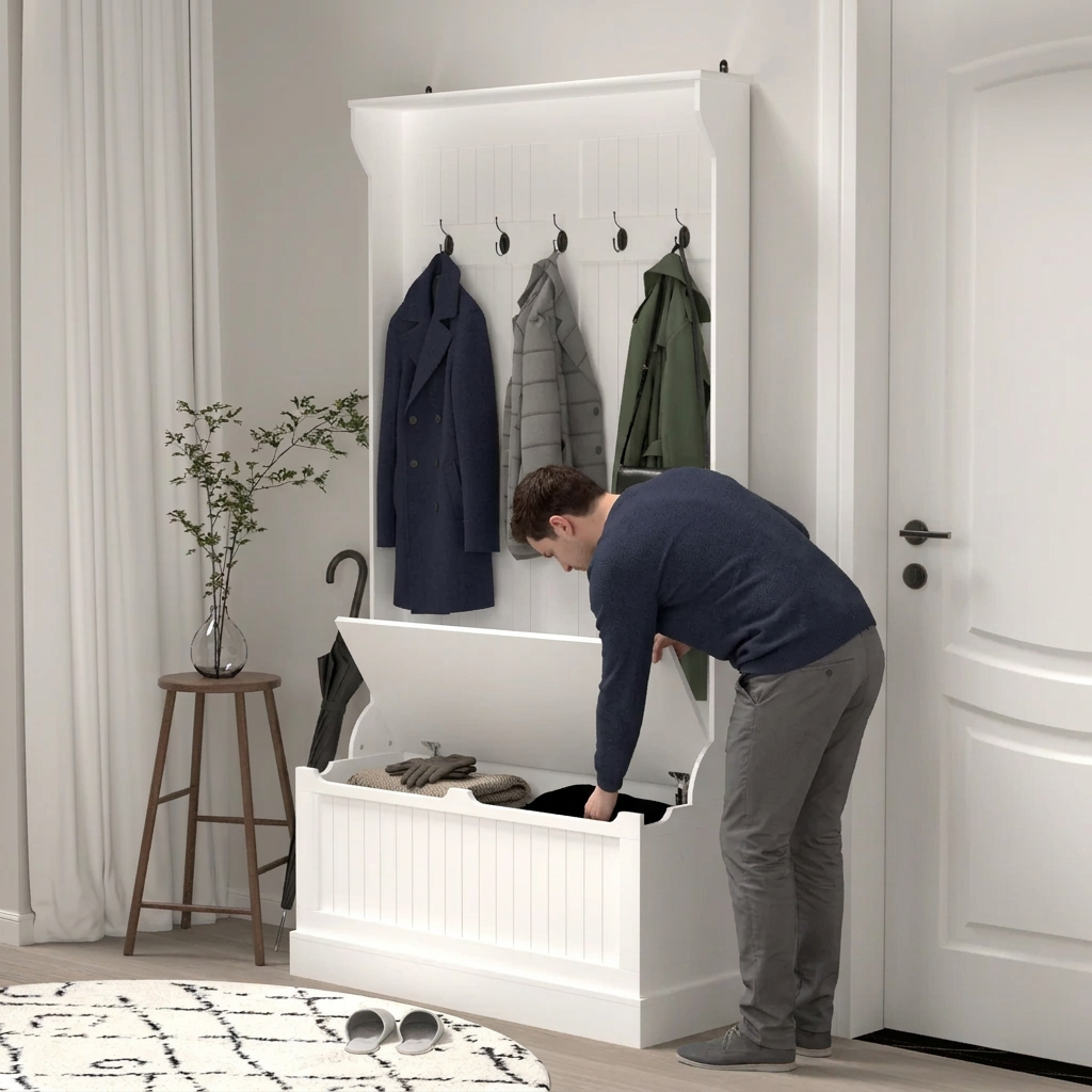 3 in 1 Entryway Hall Tree Organizer Bench w/Standing Coat Rack, Shoe Storage Bench-White