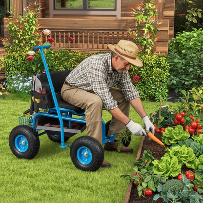 360° Swivel Padded Seat & Adjustable Height, Rolling Garden Pull Cart w/Storage Basket for Easy Gardening-Blue or Red