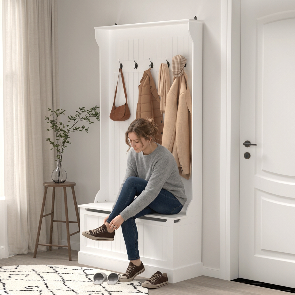 3 in 1 Entryway Hall Tree Organizer Bench w/Standing Coat Rack, Shoe Storage Bench-White