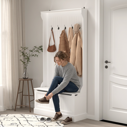 3 in 1 Entryway Hall Tree Organizer Bench w/Standing Coat Rack, Shoe Storage Bench-White
