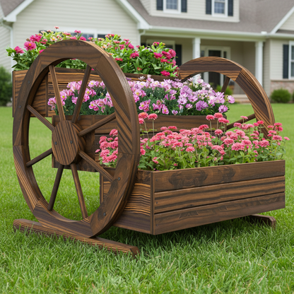 Wooden 3-Tier Raised Wagon Planter Box, Garden Bed for Vegetables, Flowers, Herbs-Carbonized
