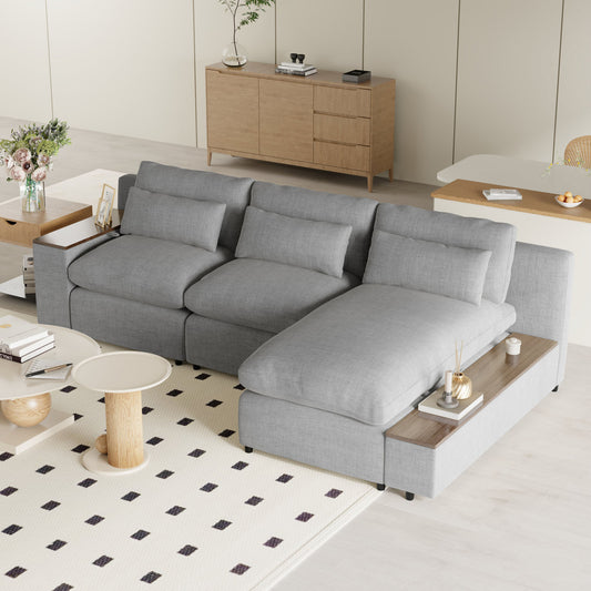 L-Shaped Modular Sectional Sofa with Removable Back Cushions, 3 Pillows and 2 Storage-Gray
