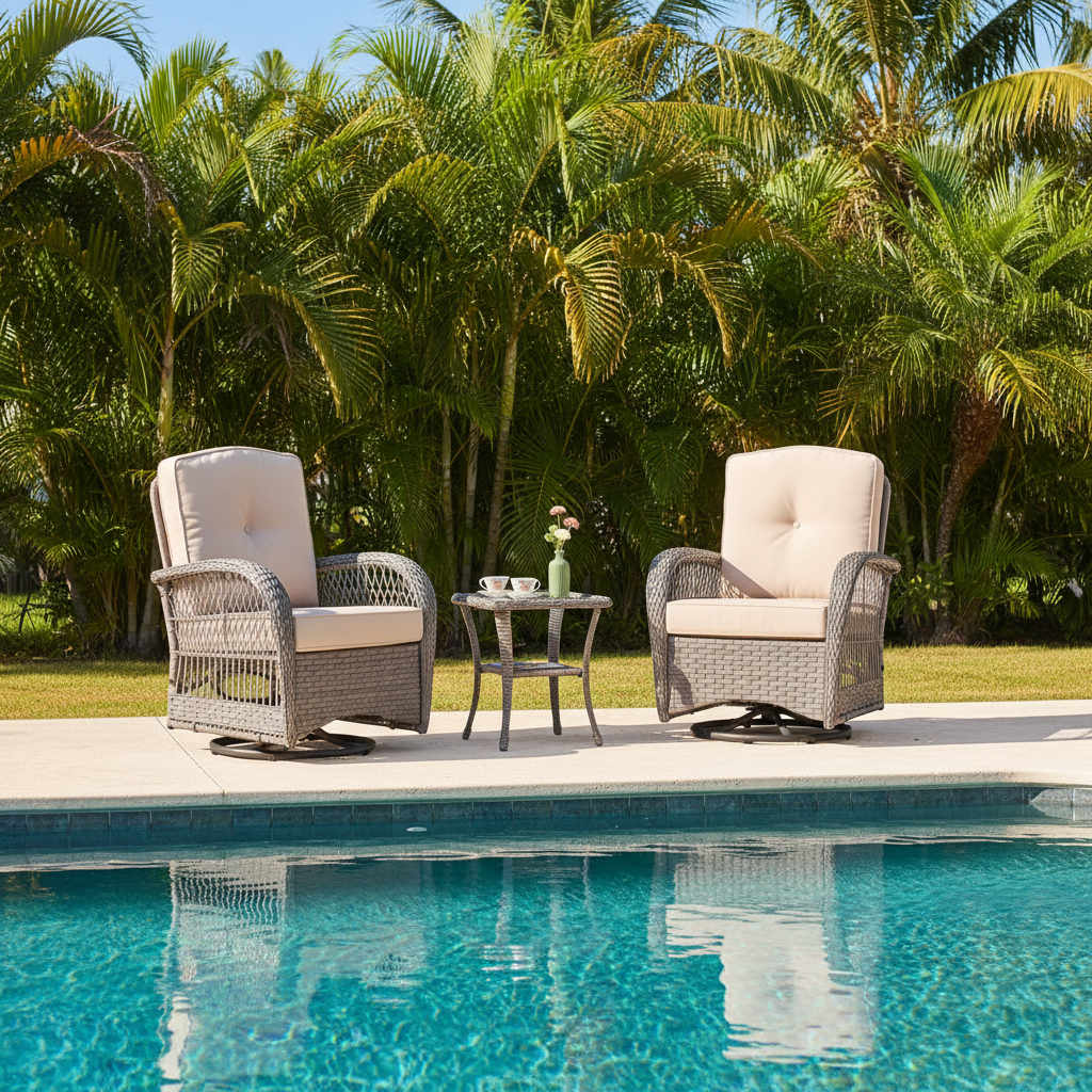 3-Pcs Outdoor Wicker 2 Swivel Rocker Bistro Set, Glass-Top Side Table & Water-Resistant Cushions-Khaki