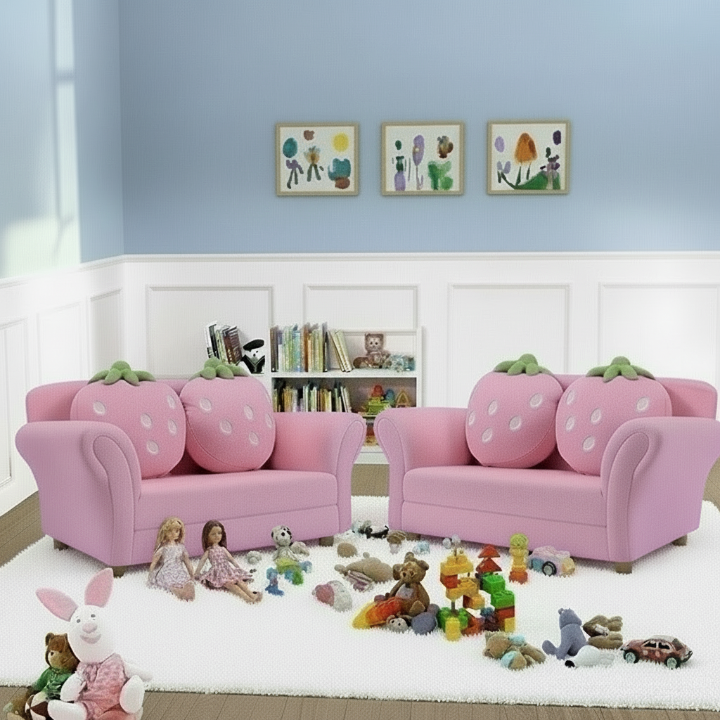 Kids Strawberry Armrest Sofa Chair or Wooden Kitchen Toy Strawberry Pretend Cooking Playset-Pink