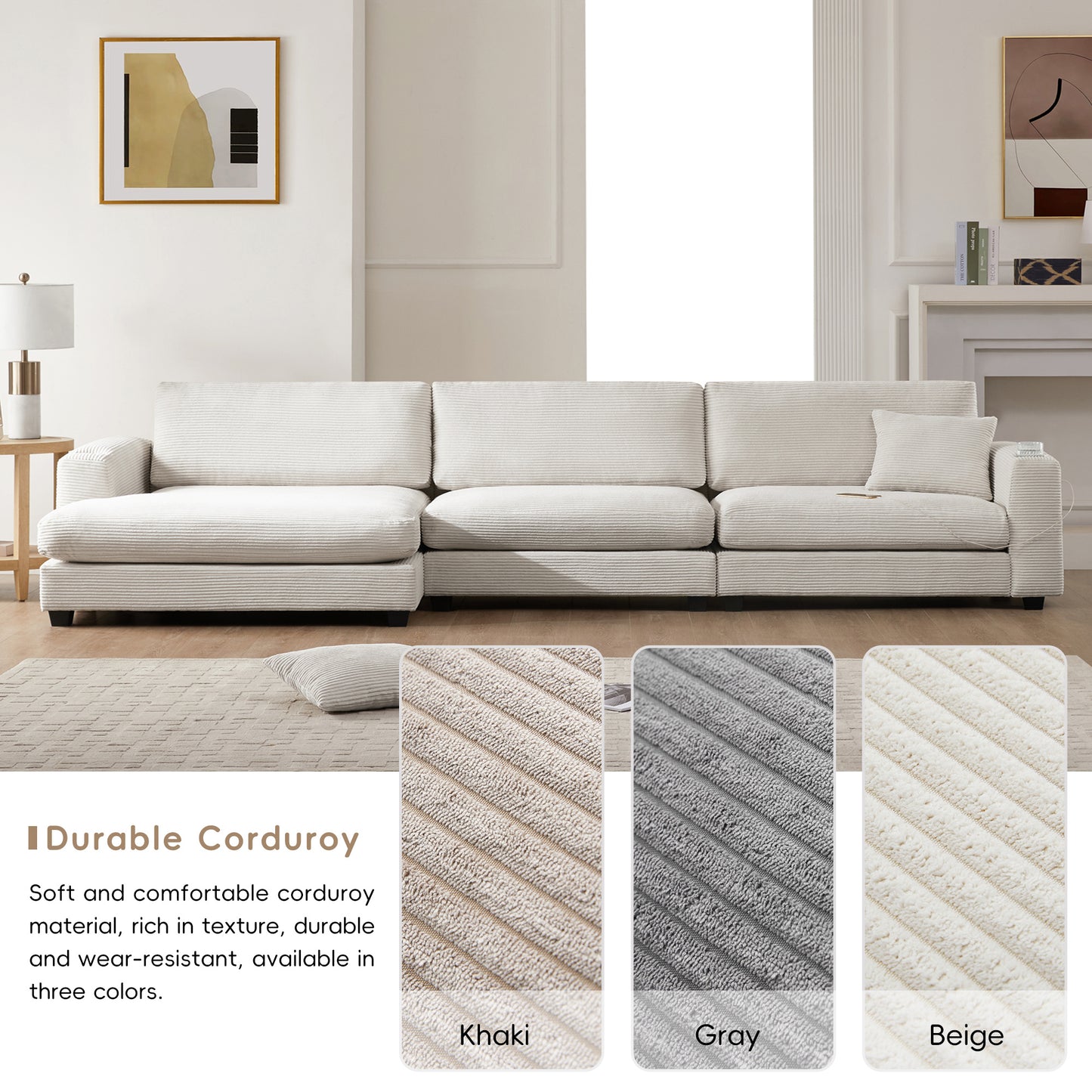 Oversized Corduroy Sectional Sofa, L Shaped Cloud Couch w/USB Charging Port, Cup Holder, Deep Seat Sofa Bed w/50" Chaise-Beige, Gray or Khaki