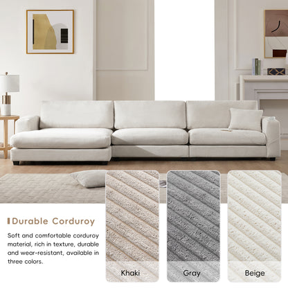 Oversized Corduroy Sectional Sofa, L Shaped Cloud Couch w/USB Charging Port, Cup Holder, Deep Seat Sofa Bed w/50" Chaise-Beige, Gray or Khaki