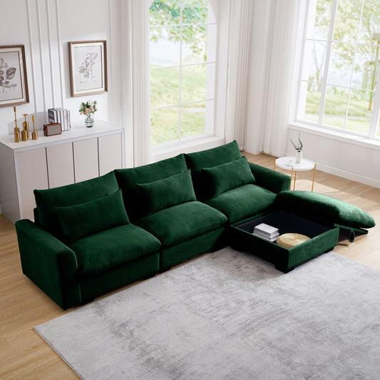 L-Shaped Corduroy Sectional Sofa Couch w/Storage Footstool and 3 Pillow-Green, Black or Beige