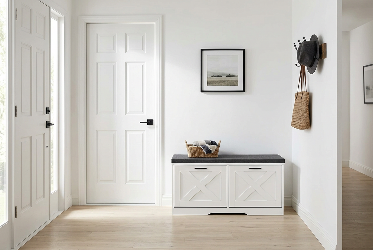 Stylish Entryway Shoe Storage Bench w/Cushioned Seat & Flip Drawers for Hallway Organization-White
