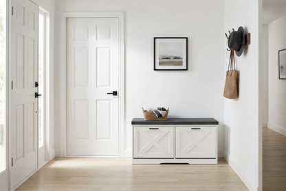 Stylish Entryway Shoe Storage Bench w/Cushioned Seat & Flip Drawers for Hallway Organization-White