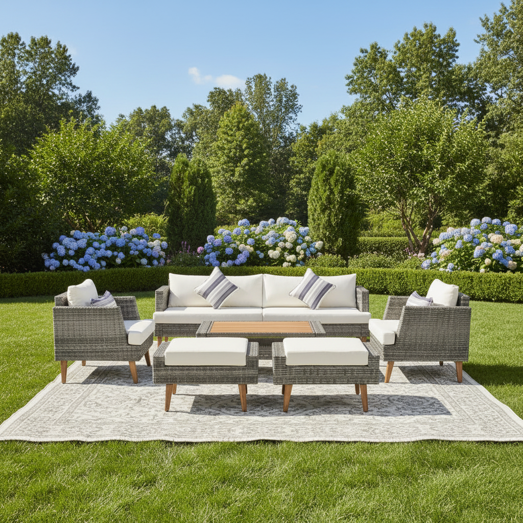 6Pcs All Weather PE Wicker Sofa Set, Outdoor Rattan Sofa w/Double Cushions, Wood Legs & Wood Tabletop-Beige/Gray