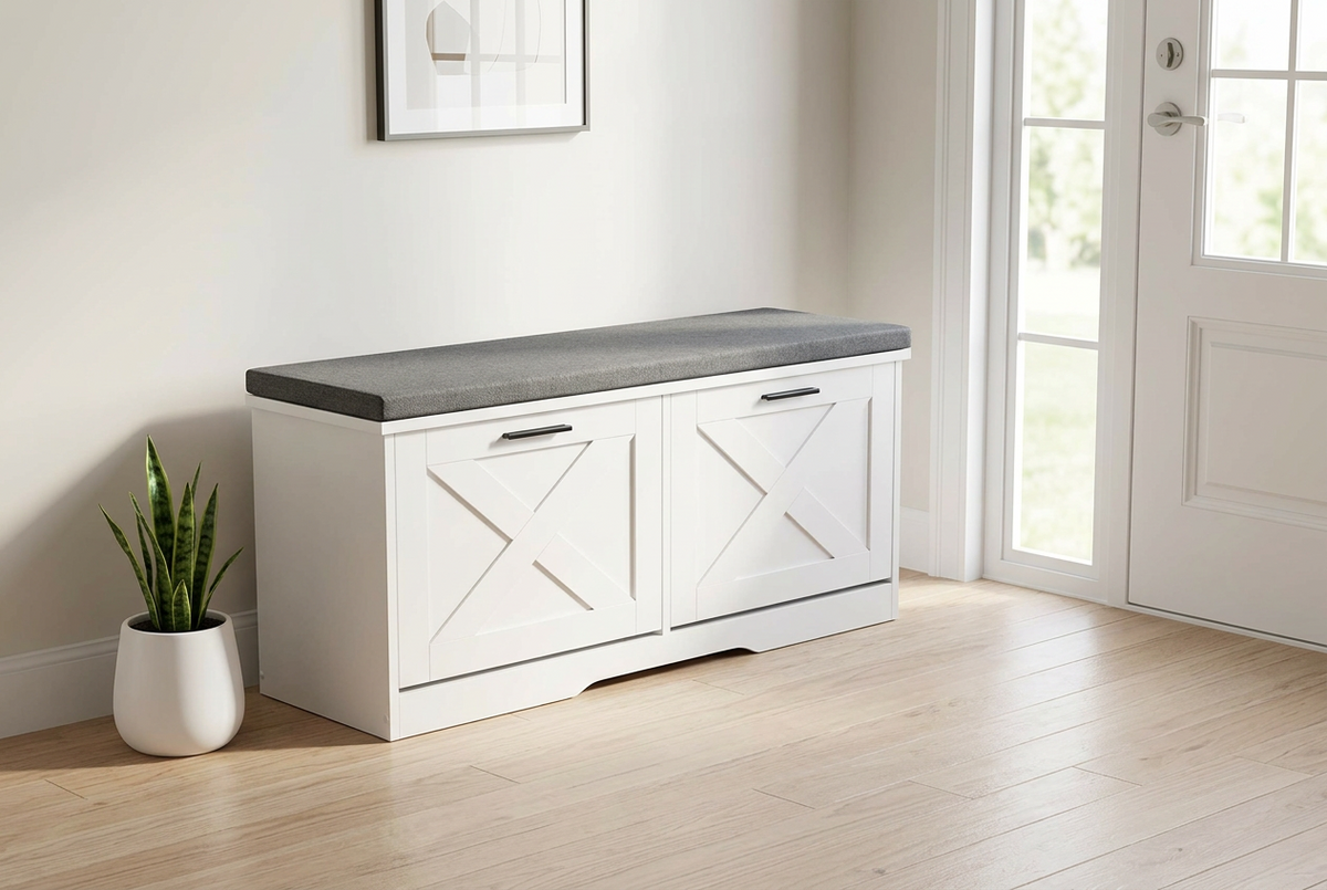 Stylish Entryway Shoe Storage Bench w/Cushioned Seat & Flip Drawers for Hallway Organization-White