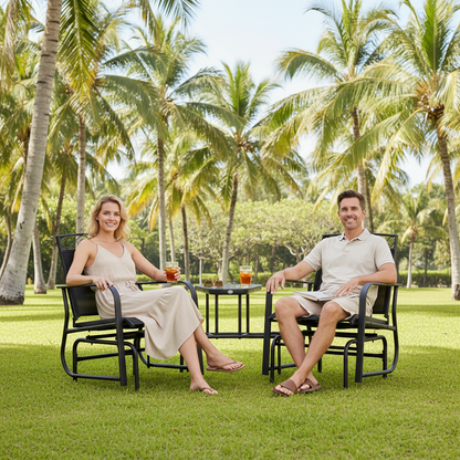 2-Seat Outdoor Glider Chairs w/Attached Coffee Table-Black