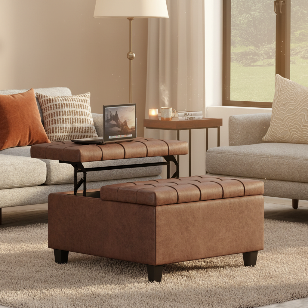 Square 30" Wide Dual Split Lift-Top Coffee Table/Storage in Ottoman-Saddle Brown Vegan Leather