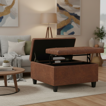 Square 30" Wide Dual Split Lift-Top Coffee Table/Storage in Ottoman-Saddle Brown Vegan Leather