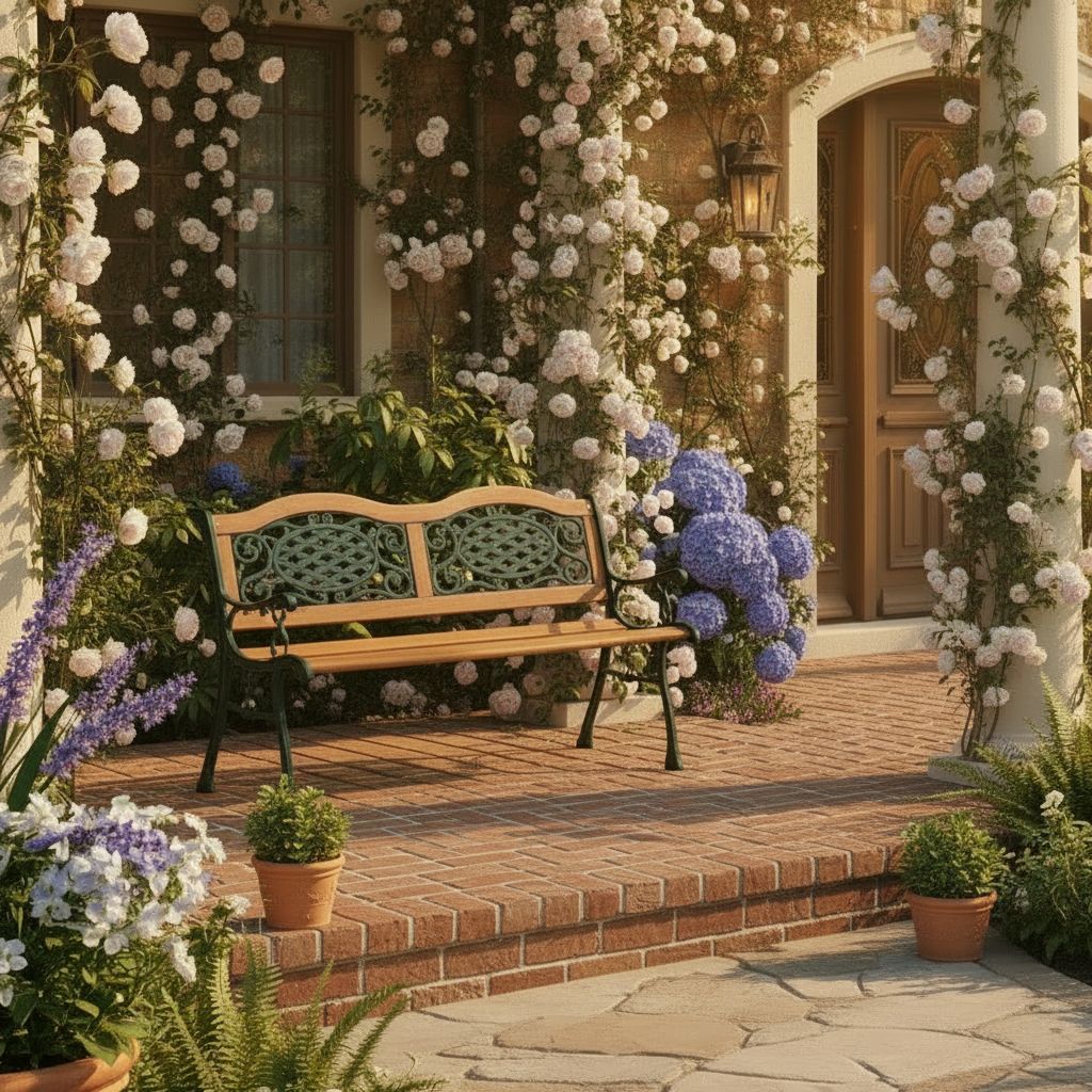 Sturdy 49" Park Bench for Outdoor Seating-Stylish Cast Iron & Hardwood Design-Natural/Bronze
