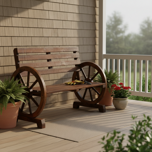Rustic 2-Person Wooden Wagon Wheel Bench w/Slatted Seat and Backrest-Brown