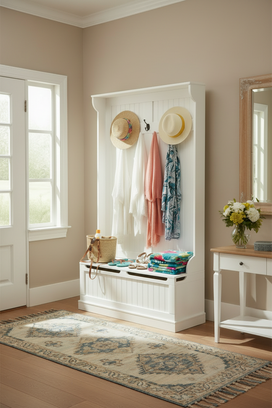 3-In-1 Entryway Hall Tree, Coat Rack w/5 Hooks, Bench and Shoe Storage for Hallway-Cream White