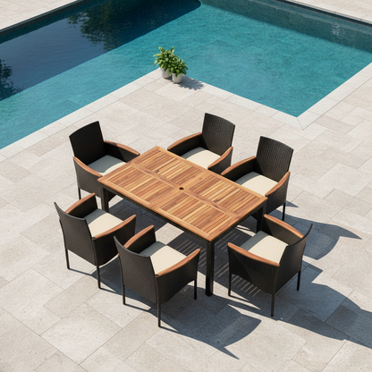 7 Pcs Rattan Patio Dining Set w/Stackable Chairs and Umbrella Hole-Beige/Mixed Brown
