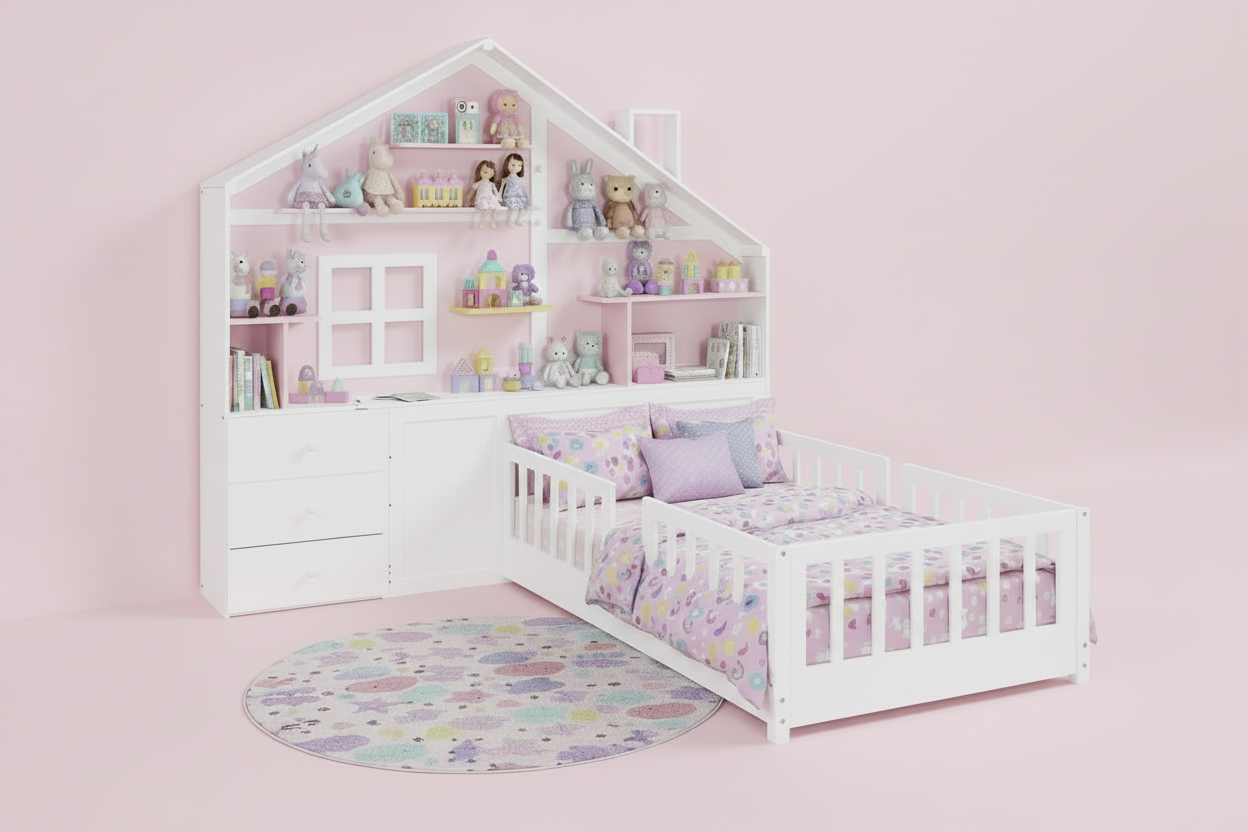 House Bed w/Window and Bedside Drawers, Platform Bed w/Shelves and a set of Sockets and USB Port in White-Twin