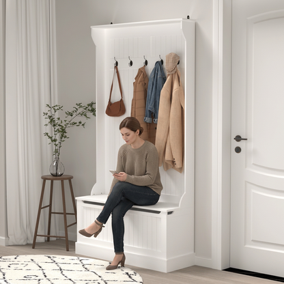3 in 1 Entryway Hall Tree Organizer Bench w/Standing Coat Rack, Shoe Storage Bench-White