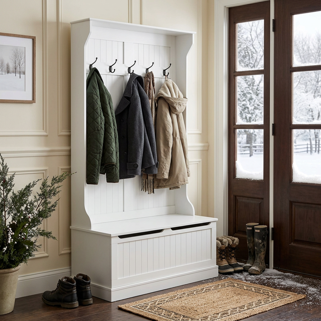 3 in 1 Entryway Hall Tree Organizer Bench w/Standing Coat Rack, Shoe Storage Bench-White