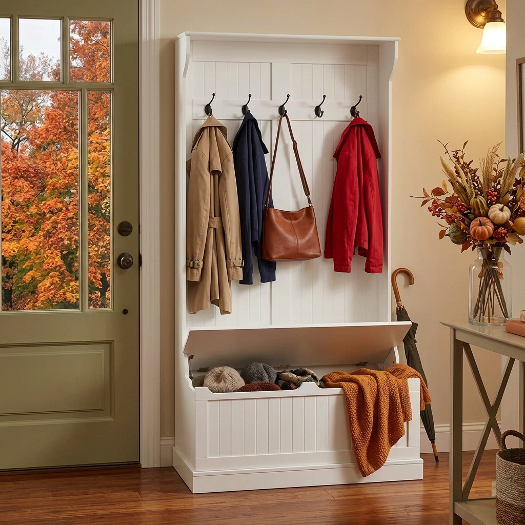 3 in 1 Entryway Hall Tree Organizer Bench w/Standing Coat Rack, Shoe Storage Bench-White