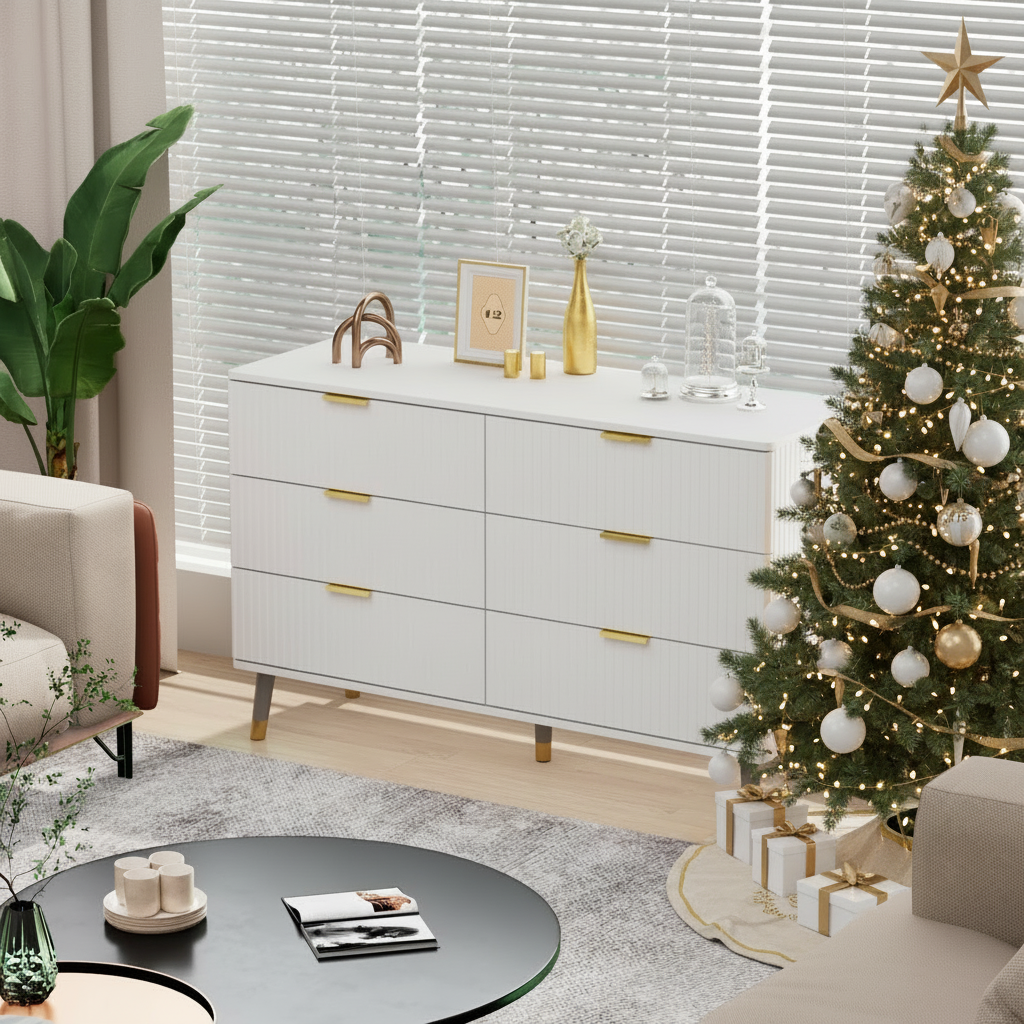 Modern 6 Drawer Dresser w/Golden Handles-White or Black