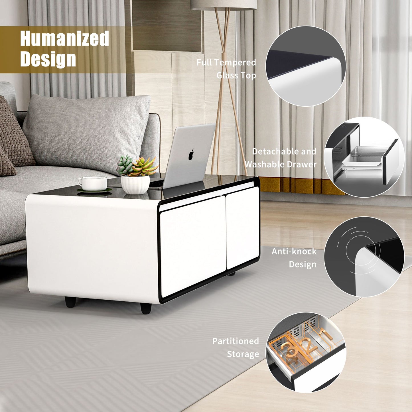 Modern Smart Mini Coffee Table with Built in Fridge-Black or White